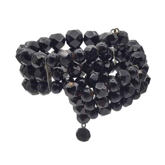 Black Glass Jet Beaded Wire Wrap Bracelet Faceted Coil Gothic Victorian Mourning - Picture 2 of 5